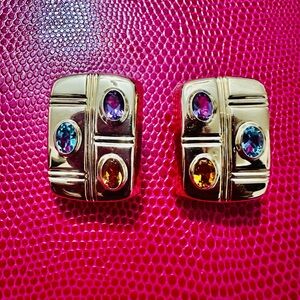 Elegant 14k yellow Gold Earrings with Multicolor Gemstones